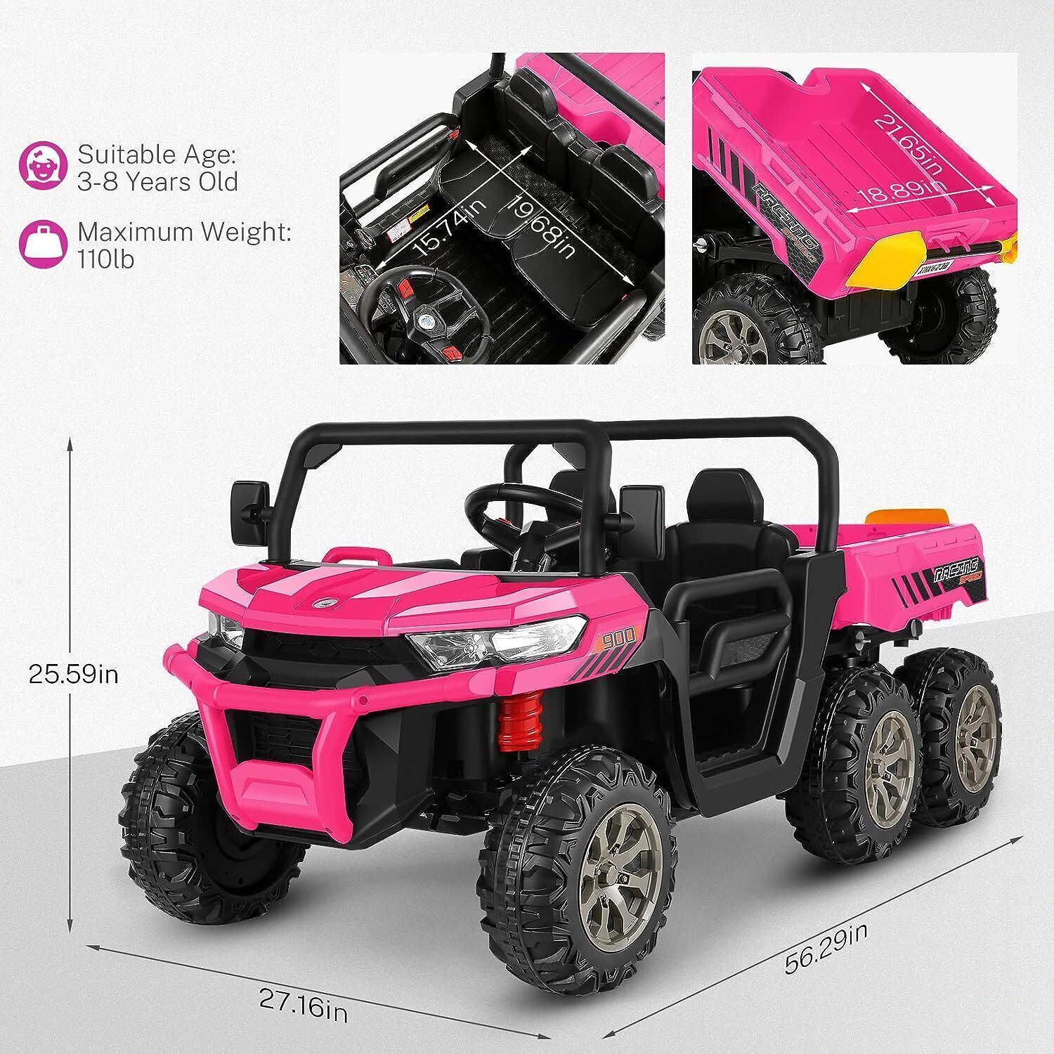 6-Wheel 2-Seat Electric Dump Truck Ride-On Toy with 24V Battery Power for Kids