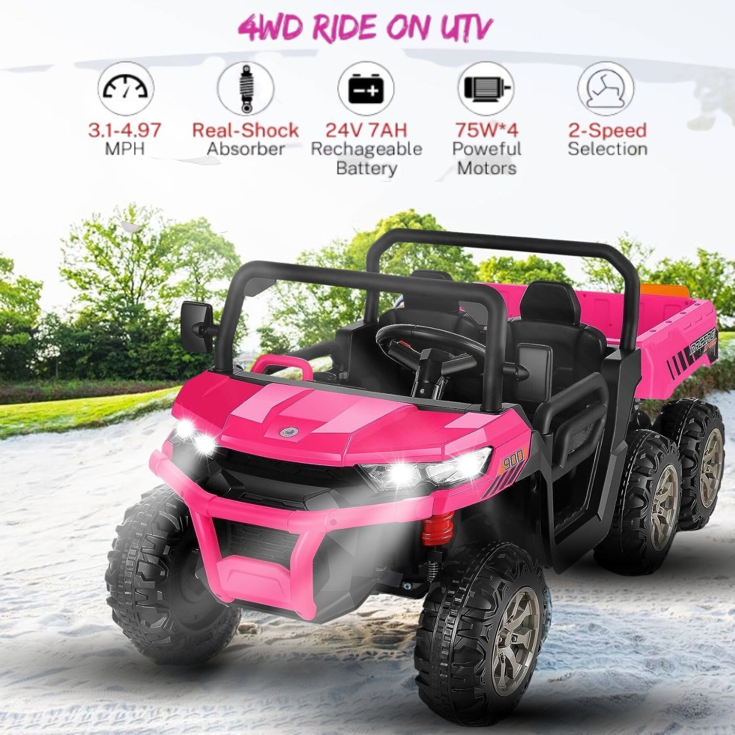 2-Seater 4WD UTV Ride-On Car for Kids with Remote Control, LED Lights, and MP3 Player - 24V 300W