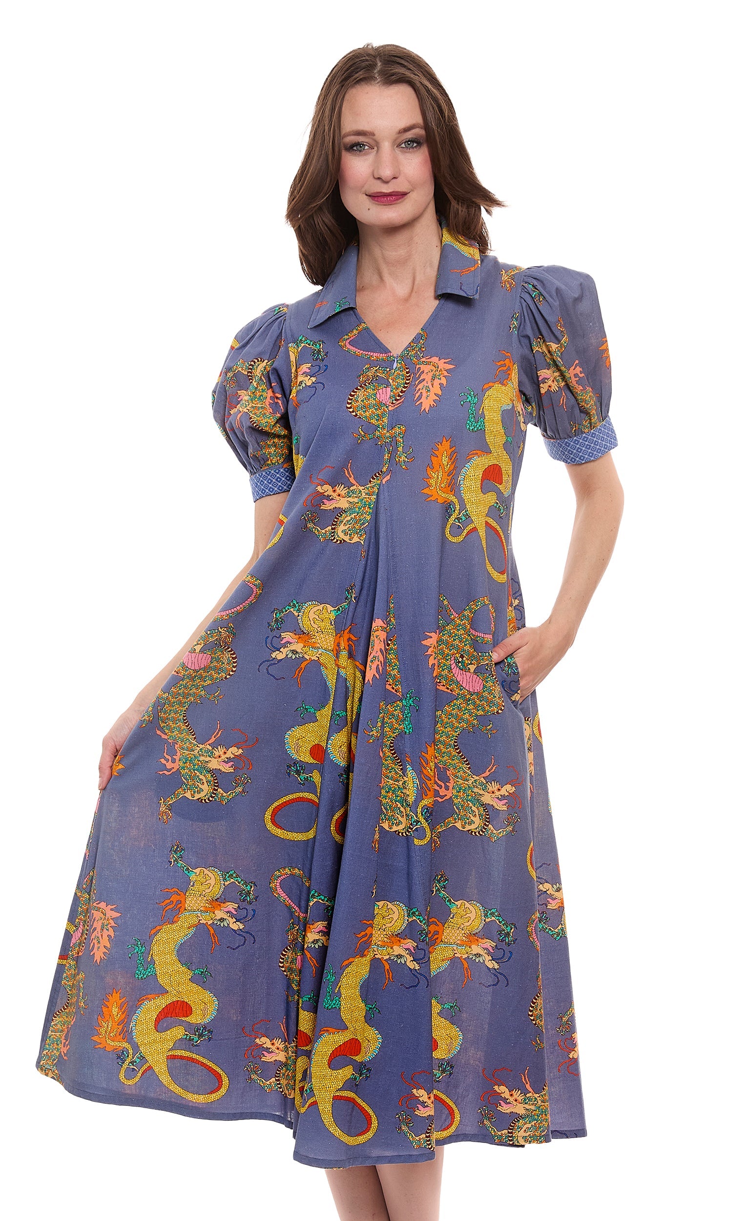 Montauk Dress Linen Cotton Blue Dragons Print