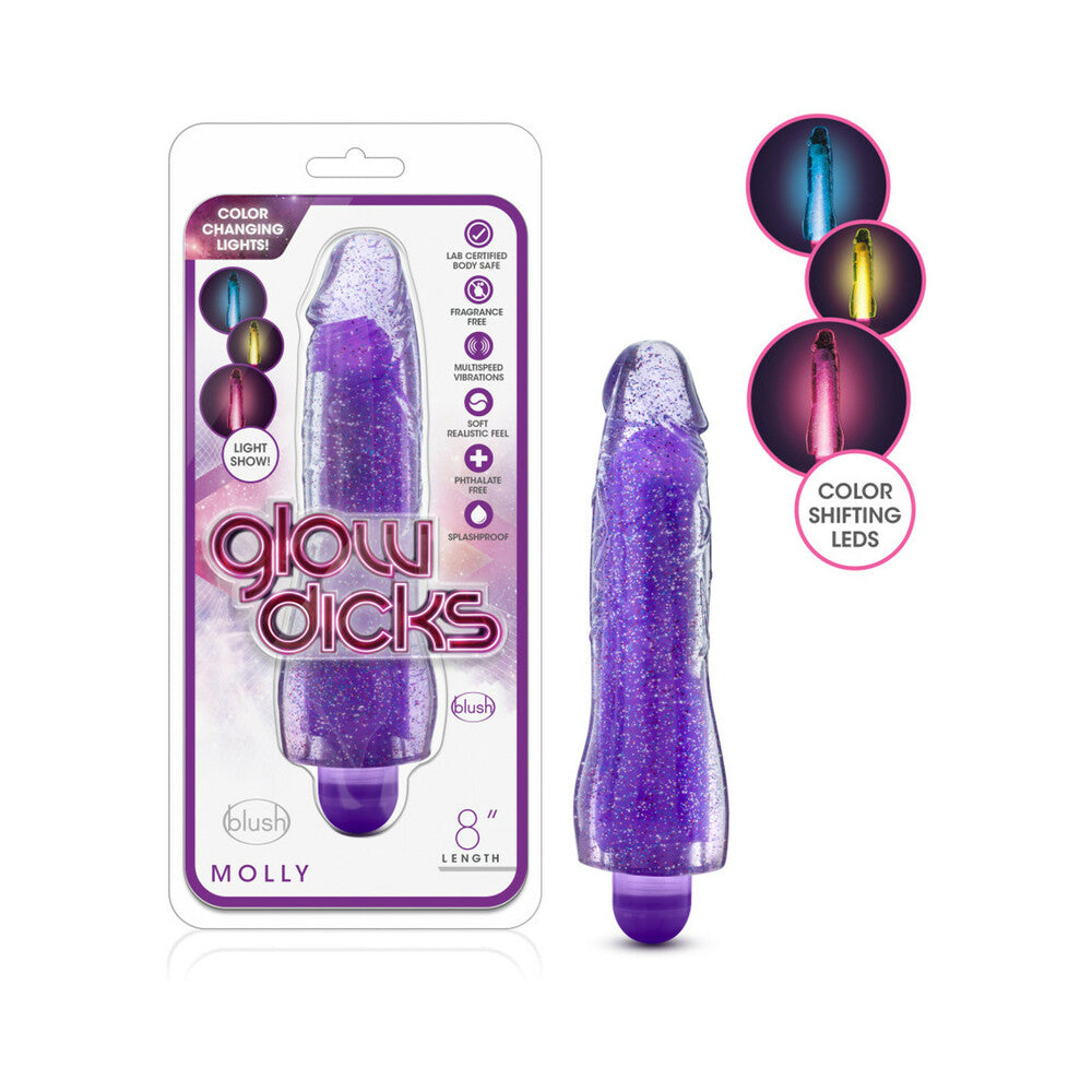 Glow Dicks Molly Color Changing 8 " Vibrating Dildo Glitter Purple