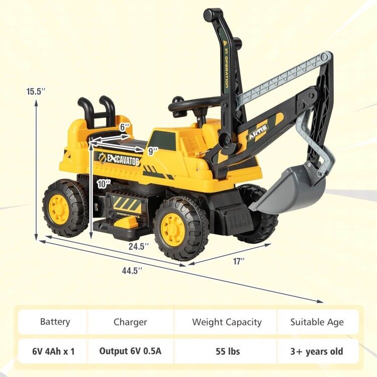 6V Battery Powered Kids Bulldozer with Front Digger Shovel - Brand New