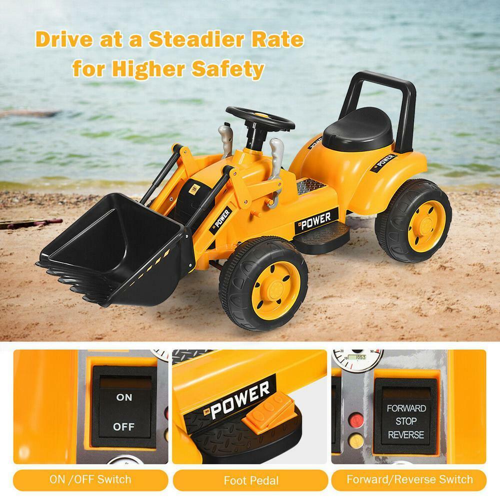 6V Battery Powered Kids Excavator Digger with Digging Bucket - Yellow Tractor Toy