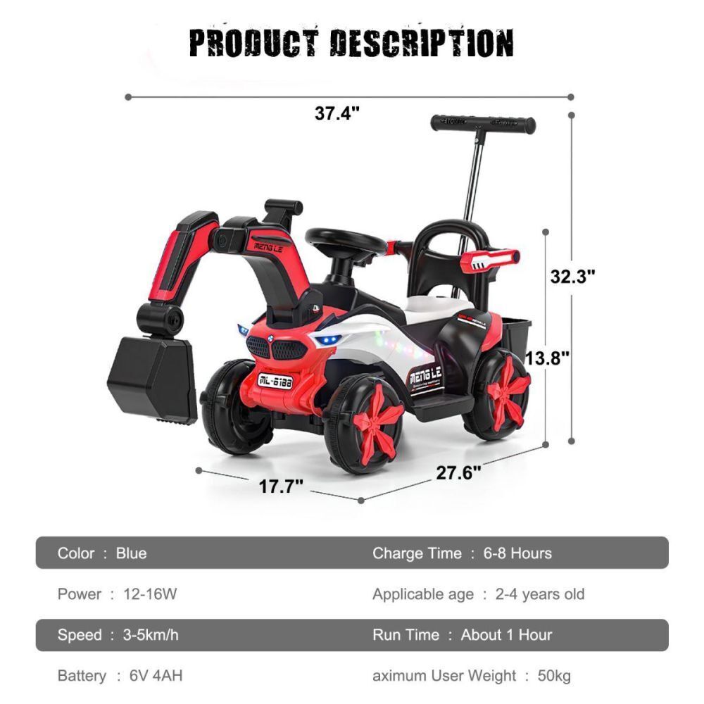 6v Electric Excavator Toy Car with Bluetooth, Helmet, and Rear Attachment for Kids