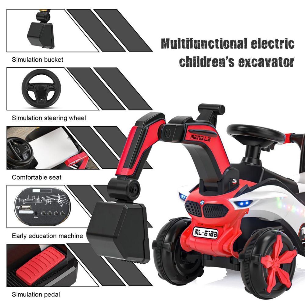 6v Electric Excavator Toy Car with Bluetooth, Helmet, and Rear Attachment for Kids