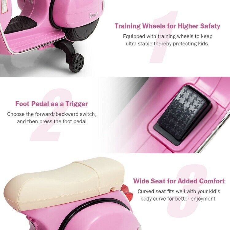 6V Vespa Scooter Motorcycle for Kids with Training Wheels and Headlight