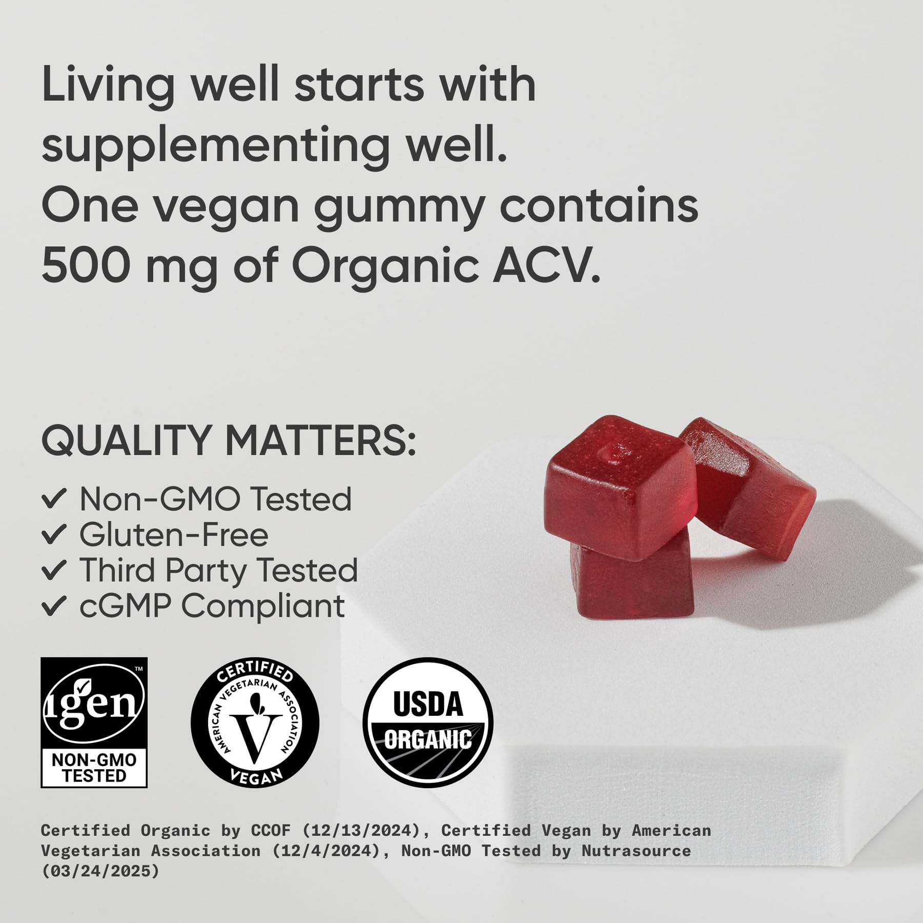 Sports Research Organic Apple Cider Vinegar Gummies – 500 mg, Sugar-Free, 60 Count