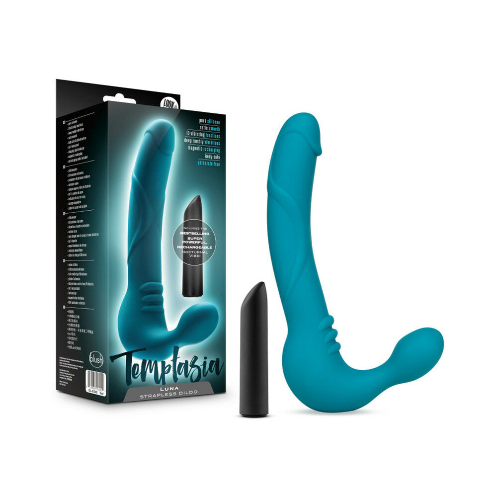 Temptasia Luna 9 " Silicone Strapless Strap-On Dildo with Rechargeable Bullet Vibrator Teal