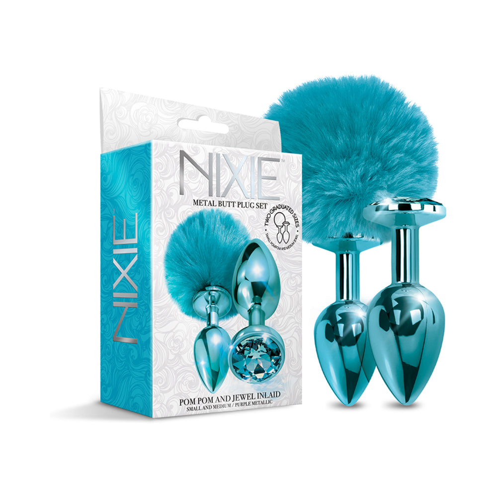 Metal Butt Plug Set with Pom Pom and Jewel Inlaid (Metallic Blue)