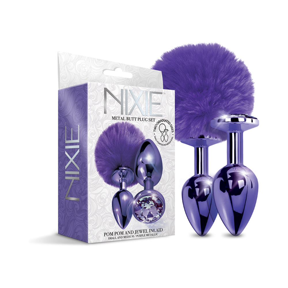 Metal Butt Plug Set with Pom Pom and Jewel Inlaid (Metallic Purple)