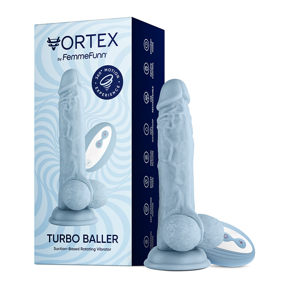 FemmeFunn Vortex Turbo Baller 2.0 8.25 " Vibrating Rotating Dildo Light Blue