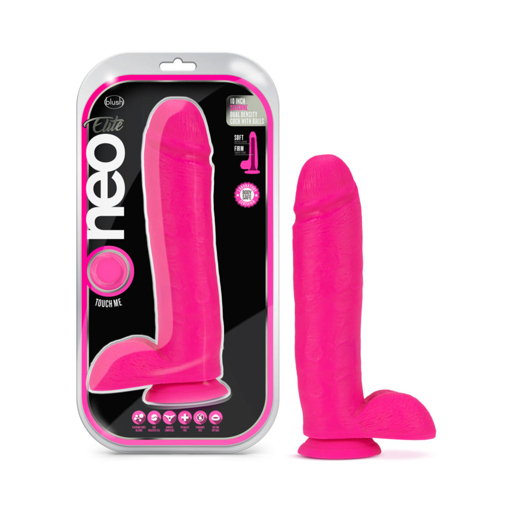 Neo Elite 10 " Silicone Dual Density Dildo with Balls Neon Pink