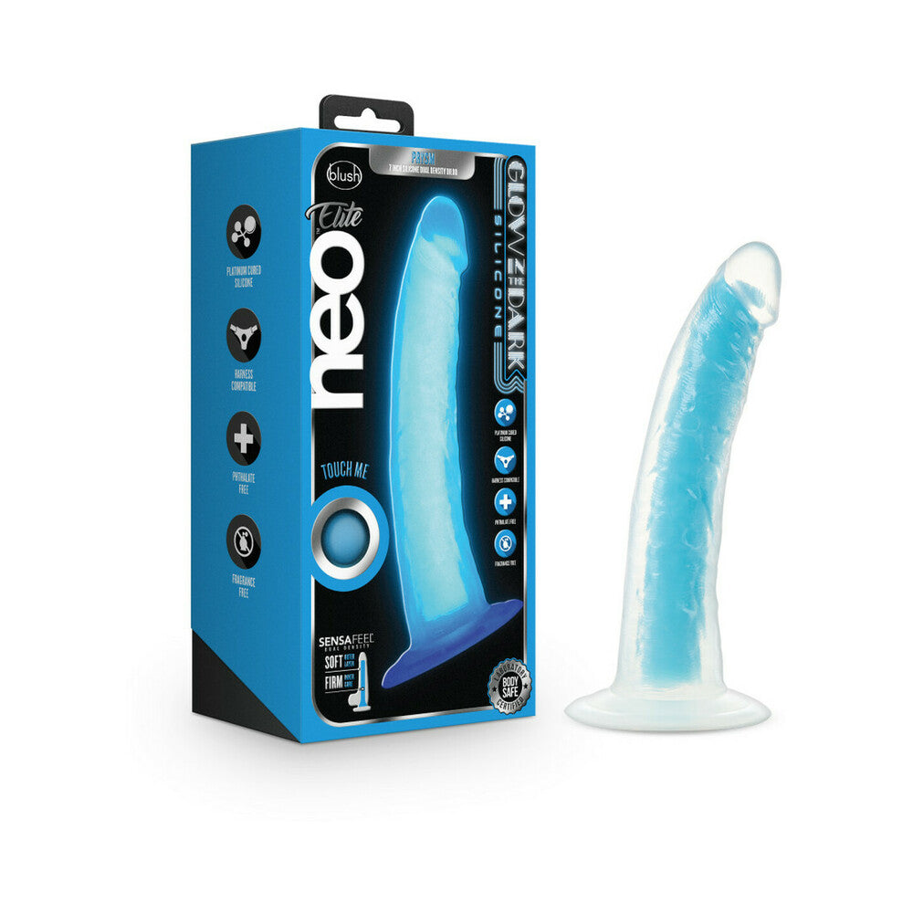 Neo Elite Glow in the Dark Prysm 7 " Silicone Dual Density Dildo Neon Blue