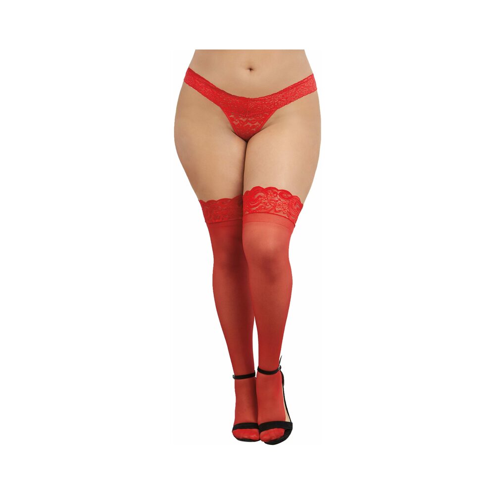 Plus-Size Sheer Thigh-High Stockings With Silicone Lace Top (Red)