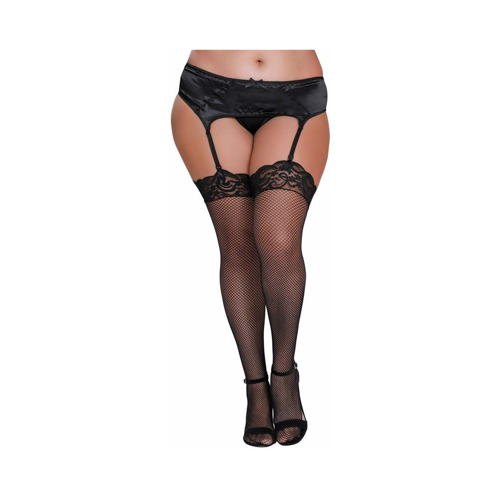 Plus-Size Fishnet Thigh-High Stockings With Lace Top (Black)