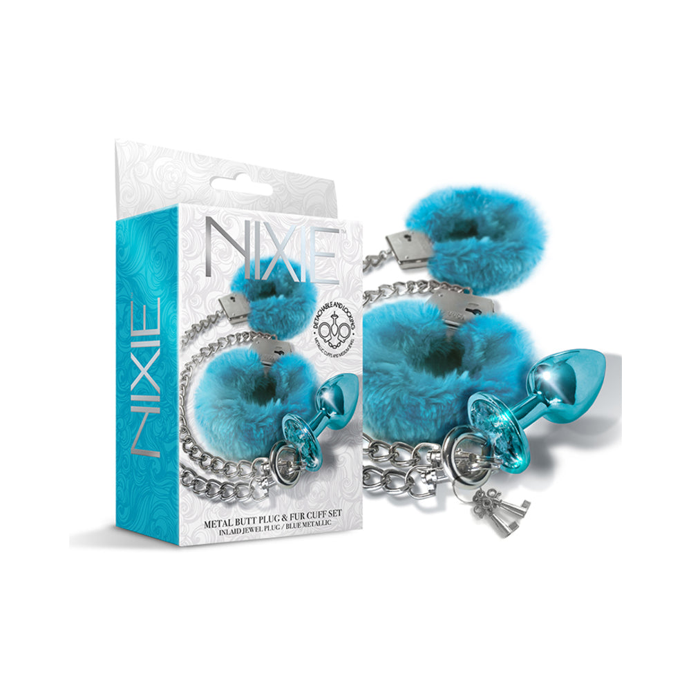 Metal Butt Plug and Furry Handcuff Set (Medium, Blue Metallic)