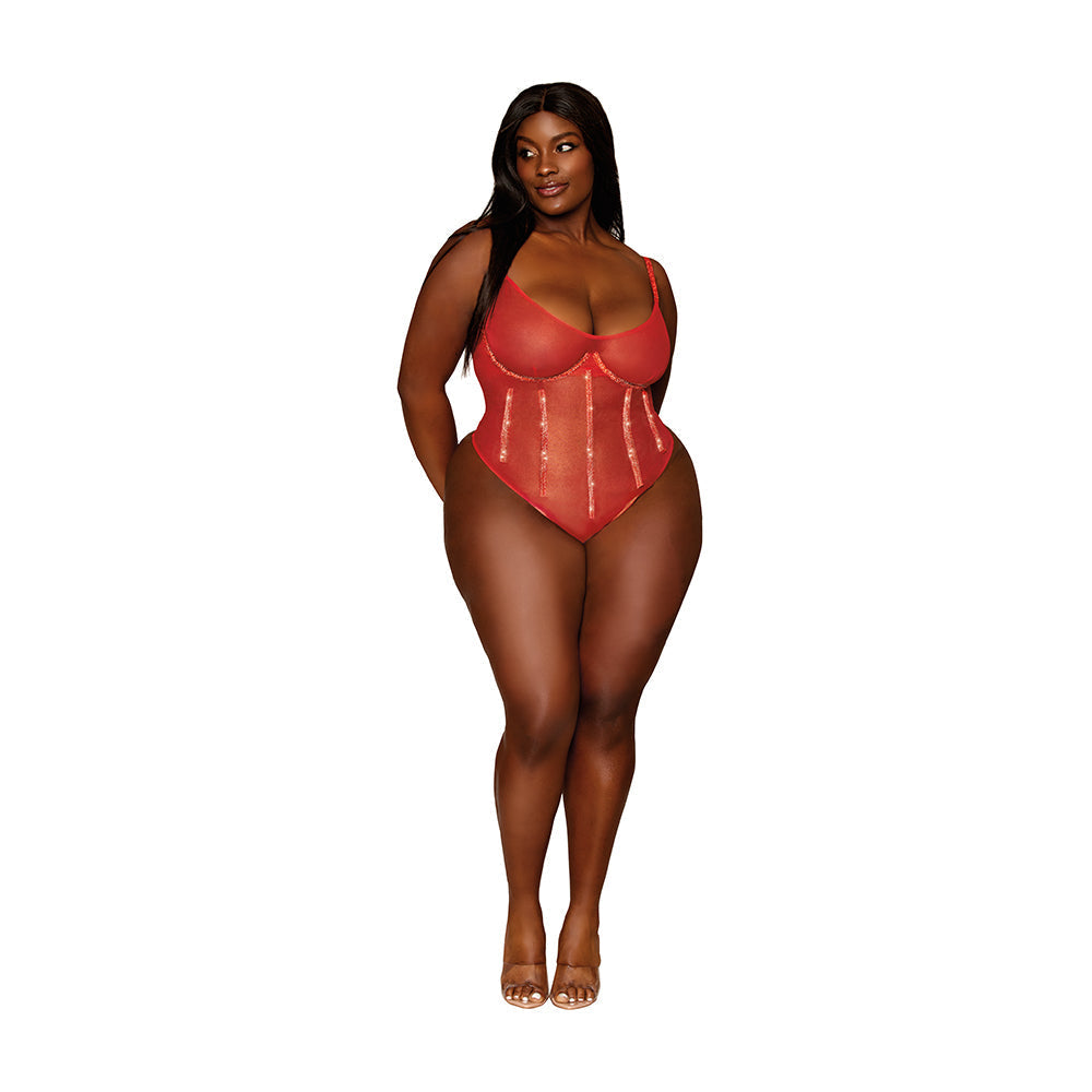 Stretch Mesh Teddy with Rhinestone Detailing and Gold Foil Edges (Ruby, 3XL)