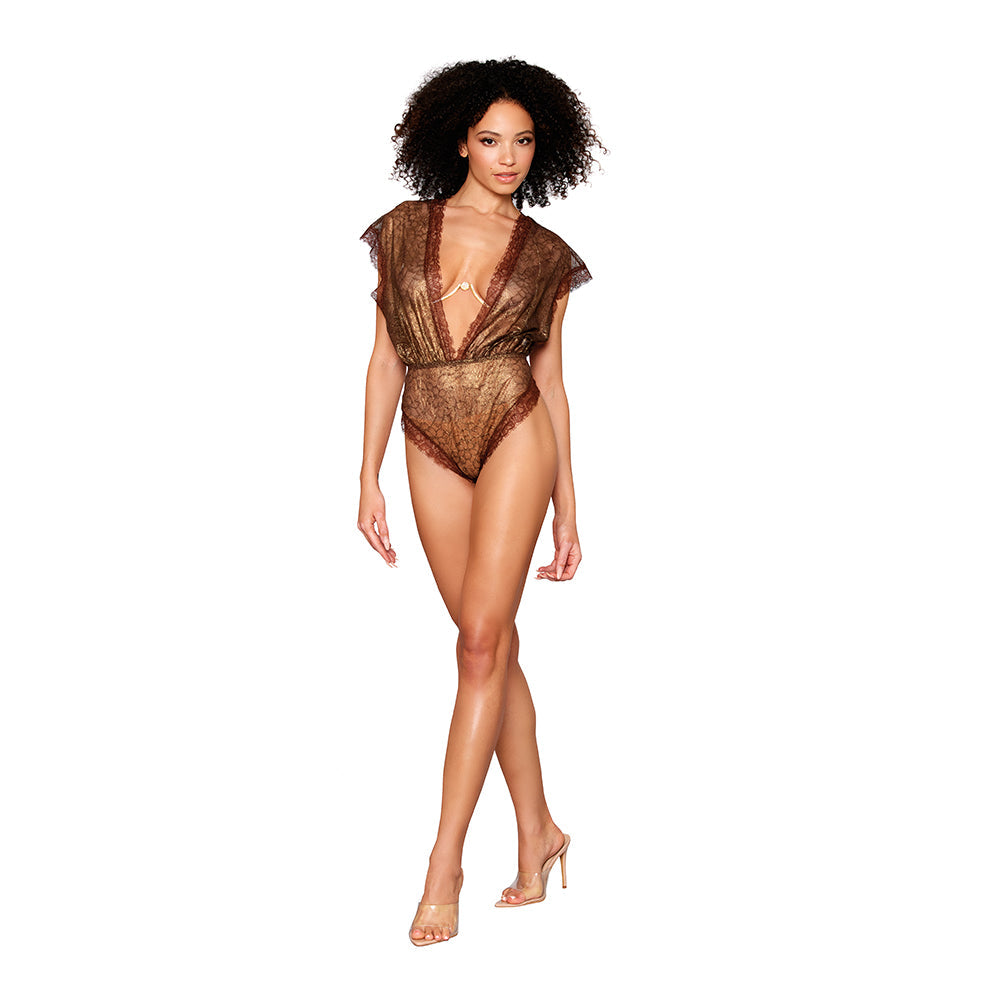 Delicate Gold-Foil Lace Blouson Teddy & Rhinestone Underwire Bra Set (Gold, XL)