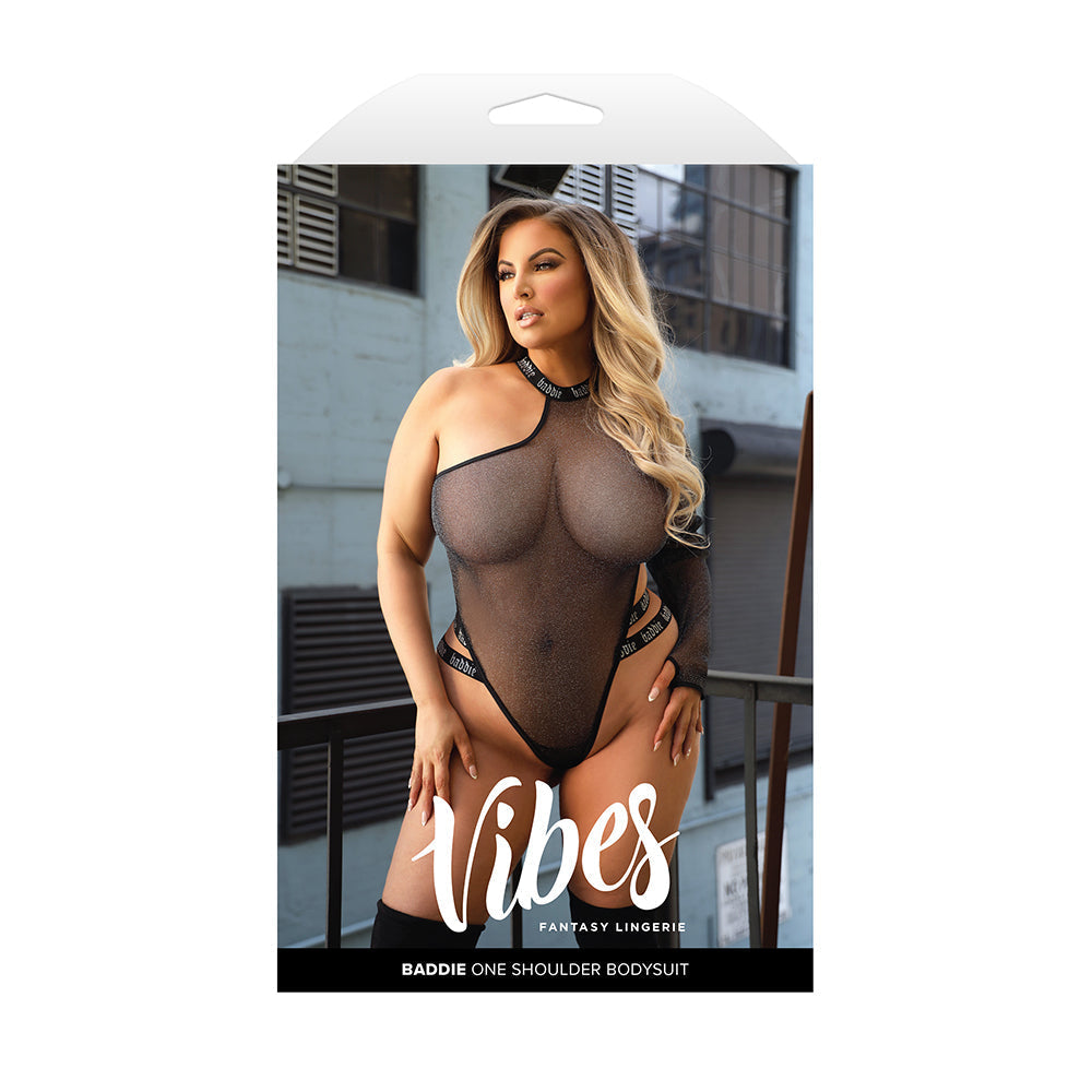 Vibes Baddie One Shoulder Glitter Mesh Bodysuit (Queen Size)