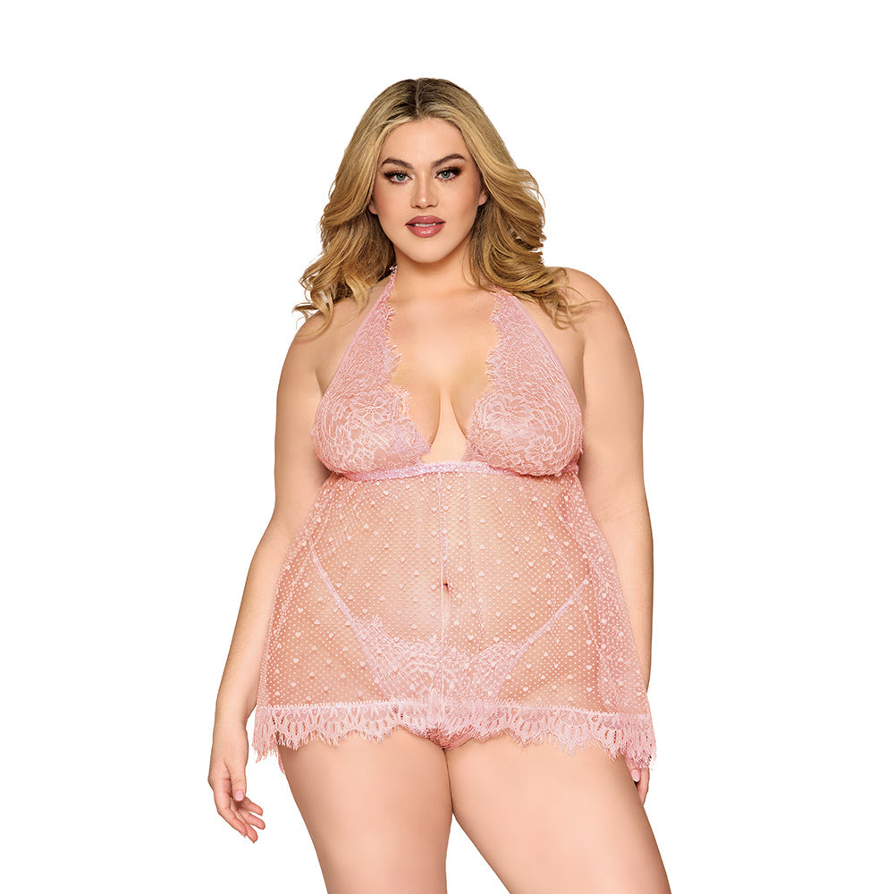Lace and Polka Dot Mesh Babydoll and G-String (Rose Quartz) (1XL)
