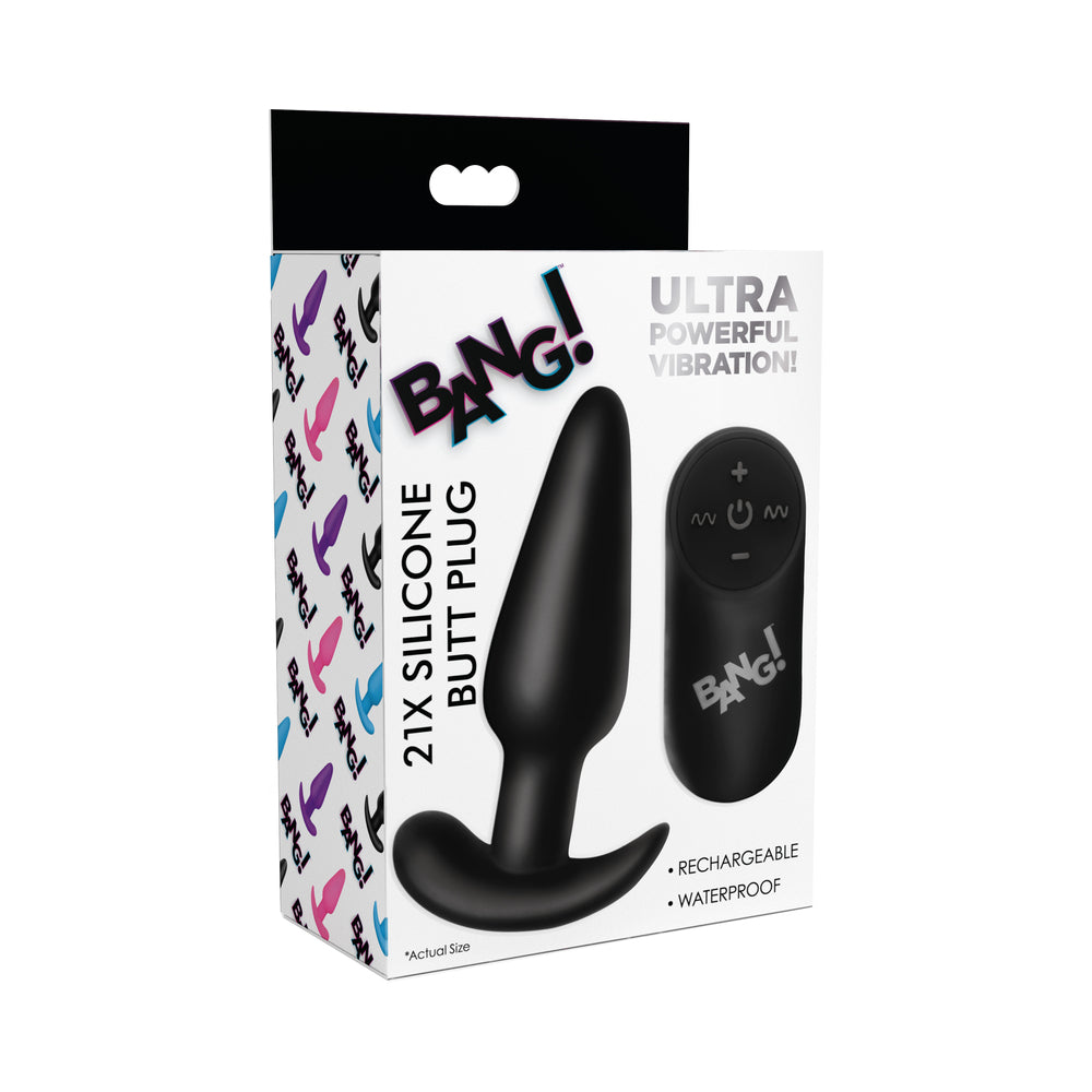21X Vibrating Silicone Butt Plug with Remote Control (Black)