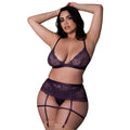 Leather and Lace Bralette, Garter Skirt & Thong Set (Plum, Queen)