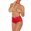 High-Waisted Lace Thong with Pearl String and Collar (Red, O/S)