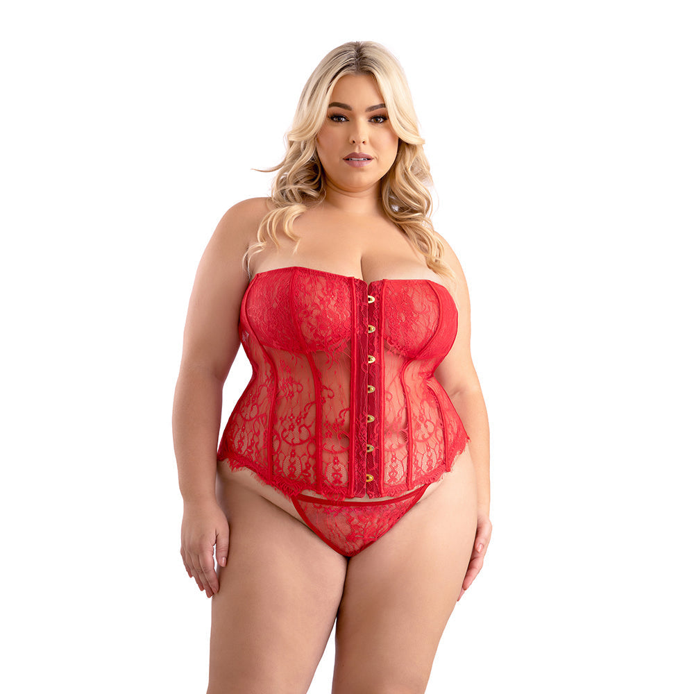 Eyelash Lace Corset with Busk Front, Lace-Up Back & Matching G-String (2XL)