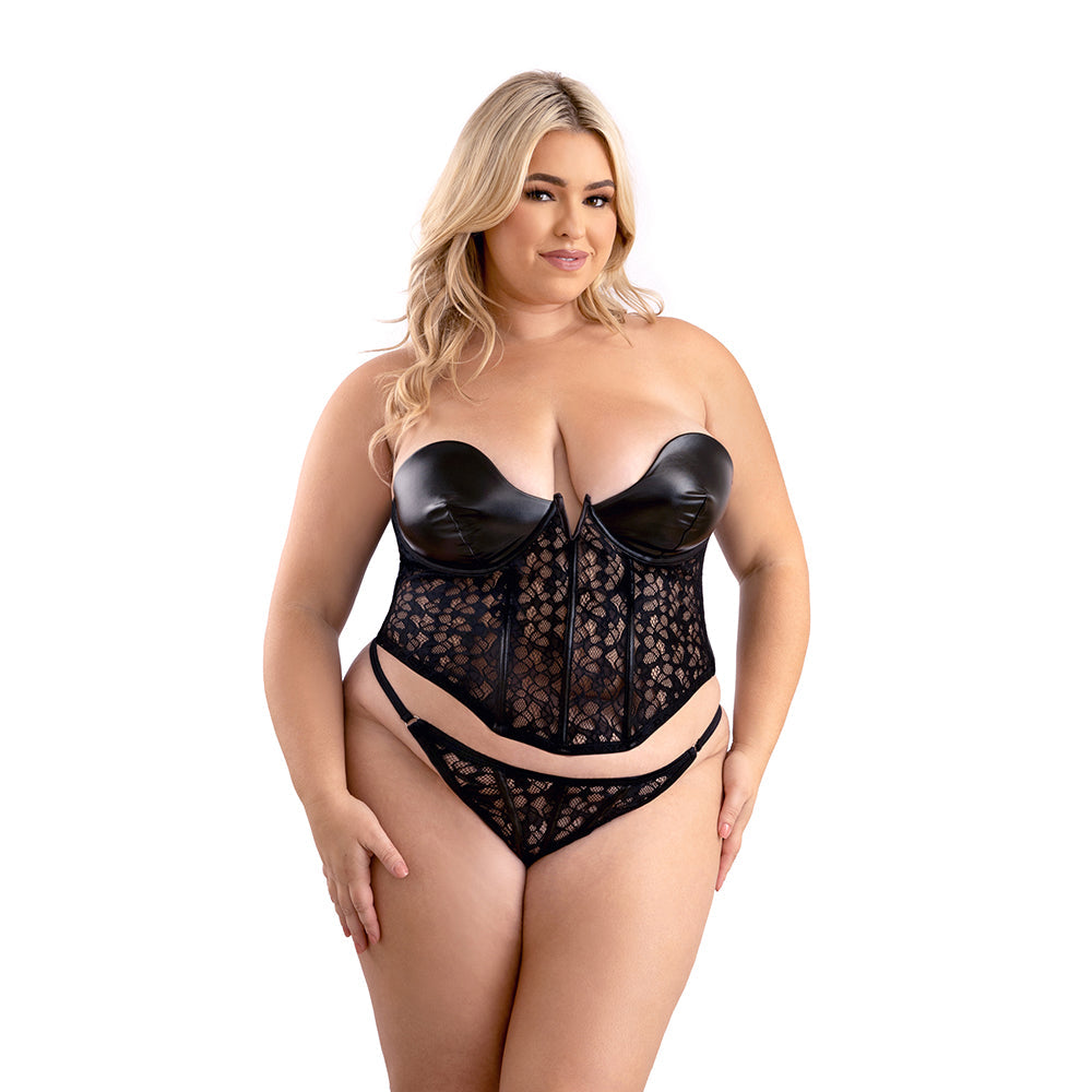 Leather Look Lace Underwire Corset with Matching G-String (2XL)