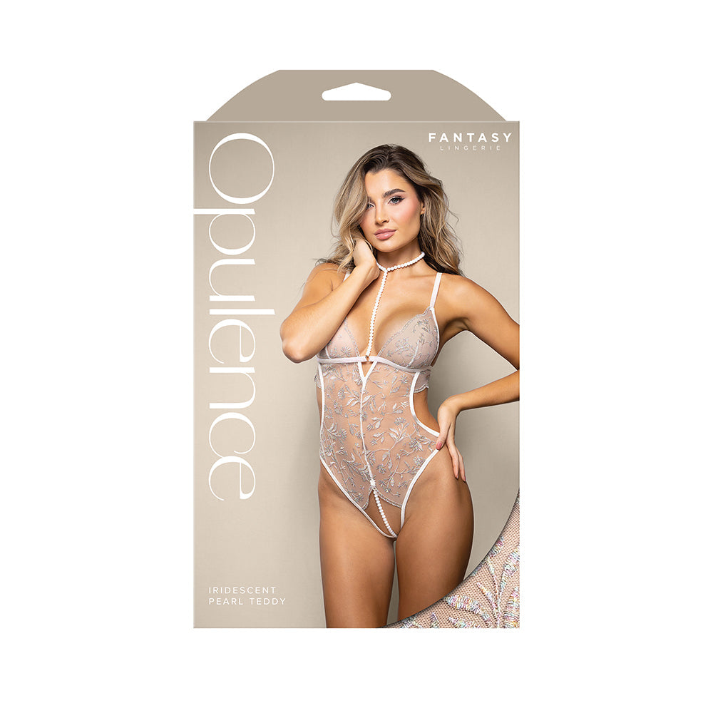 Opulence Metallic Embroidered Teddy with Pearl Harness and Open Crotch (L/XL)