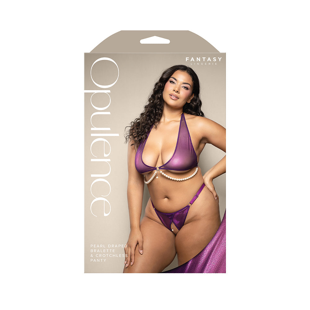 Opulence Foiled Mesh Halter Bralette with Pearl Underbust and Crotchless Panty (Queen Size)