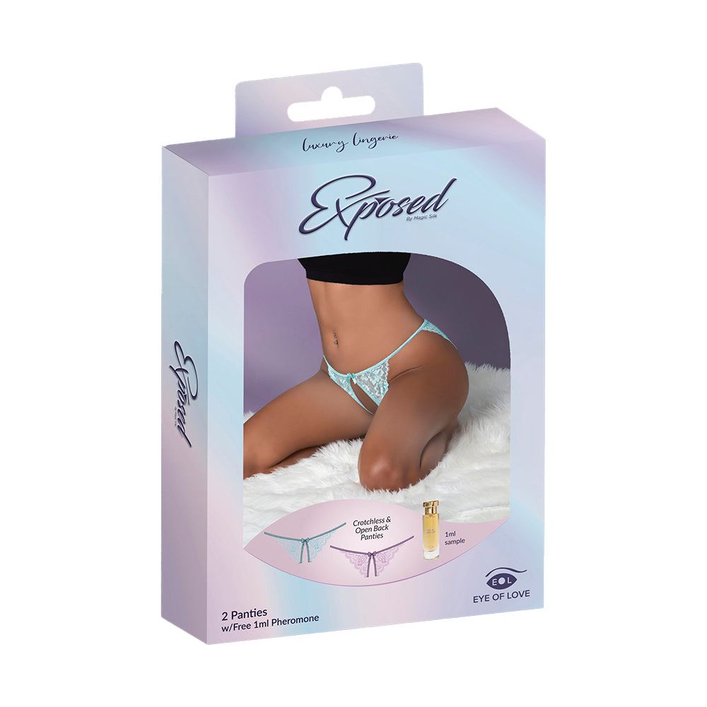 Pheromone Crotchless Open Back Panties 2-Pack (Lilac/Aqua, S/M)