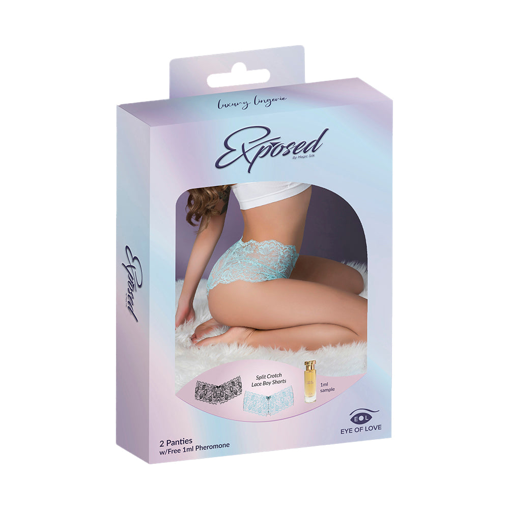 Pheromone Lace Split Crotch Boy Short Panties 2-Pack (Aqua/Black) (Queen)