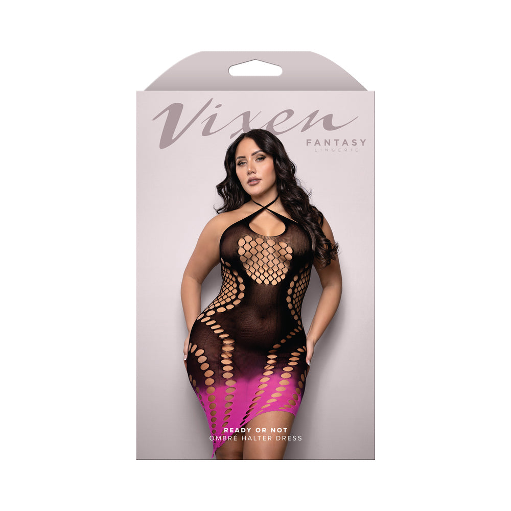 Vixen Ombré Knit Asymmetrical Keyhole Halter Dress (Black/Pink, Queen)