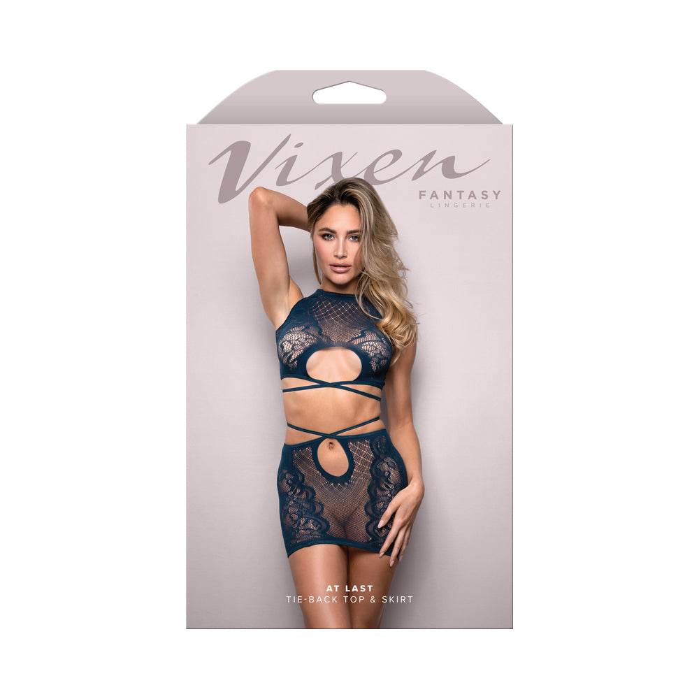 Vixen Floral Lace Tie-Back Top & Skirt (Navy, O/S)