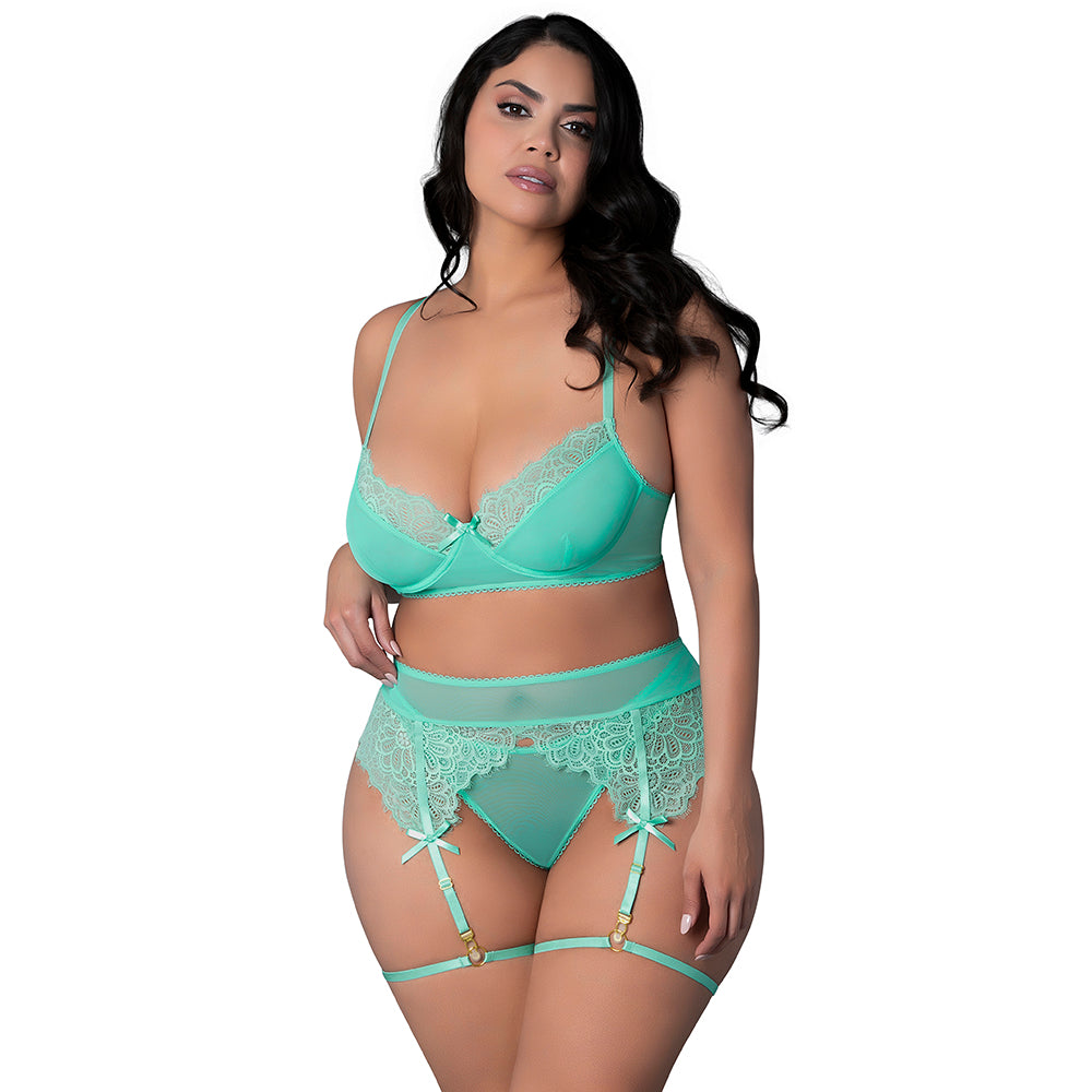 Caribbean Crush Demi Bra Thong Garter Set (Aqua Glow) (Queen Size)
