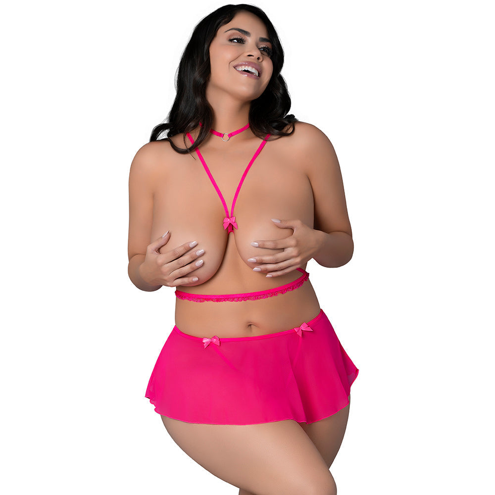 Pink Kink Harness Top Skirt Panty and Choker (Pink, Queen)