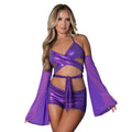Glimmer Wrap Bralette, Booty Shorts & Sleeve Set (Purple, S/M)