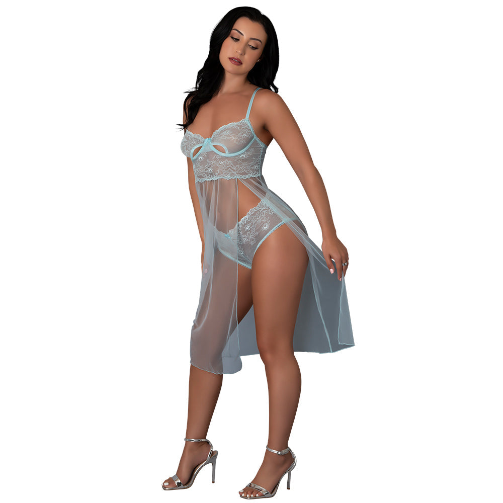 Blue Sky Long Chemise and Boy Short Panty (Blue, S/M)