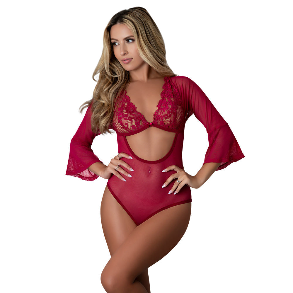 3/4 Sleeve Playsuit (Black Cherry) (S/M)
