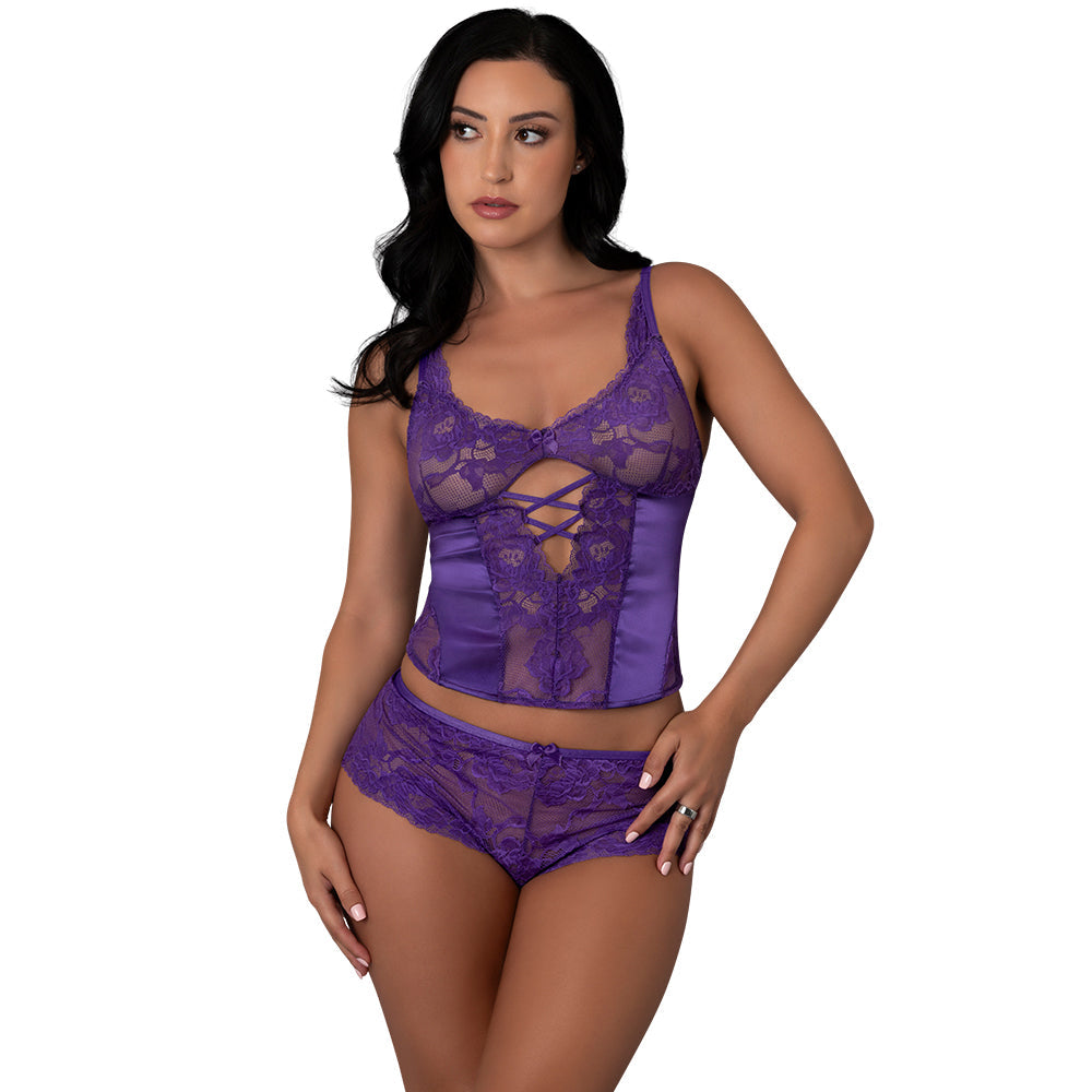 Satin Petals Bustier and Boy Short Set (Purple, S/M)
