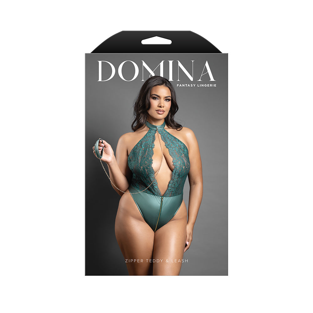 Domina Keyhole Halter Teddy with Detachable Chain-Link Leash (Pine Green, Queen)