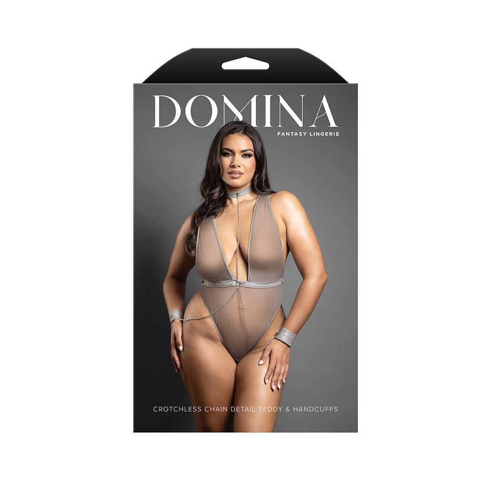 Domina Crotchless Plunge Teddy with Chain-Link Choker and Detachable Cuffs (Gray, Queen)