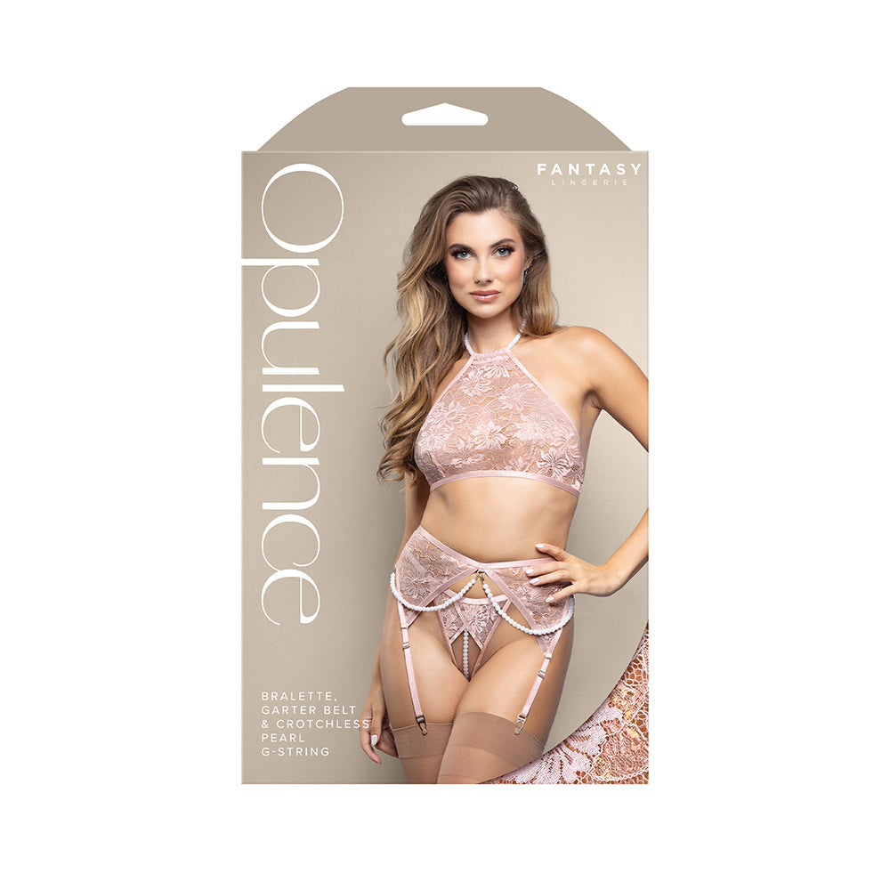 Opulence Pearl Halter Bralette Garter Belt & Crotchless G-String (Light Pink, M/L)
