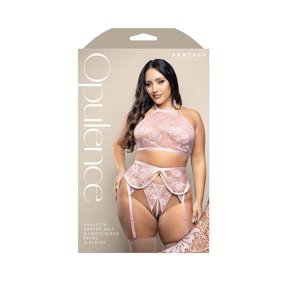 Opulence Pearl Halter Bralette Garter Belt & Crotchless G-String (Light Pink, Queen)