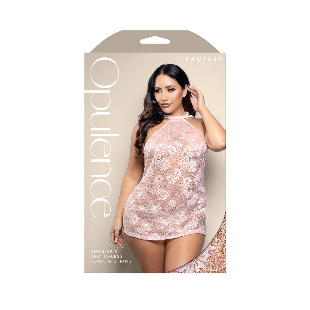 Opulence Pearl Draped Open-Back Halter Chemise & Crotchless Pearl G-String (Light Pink, Queen)