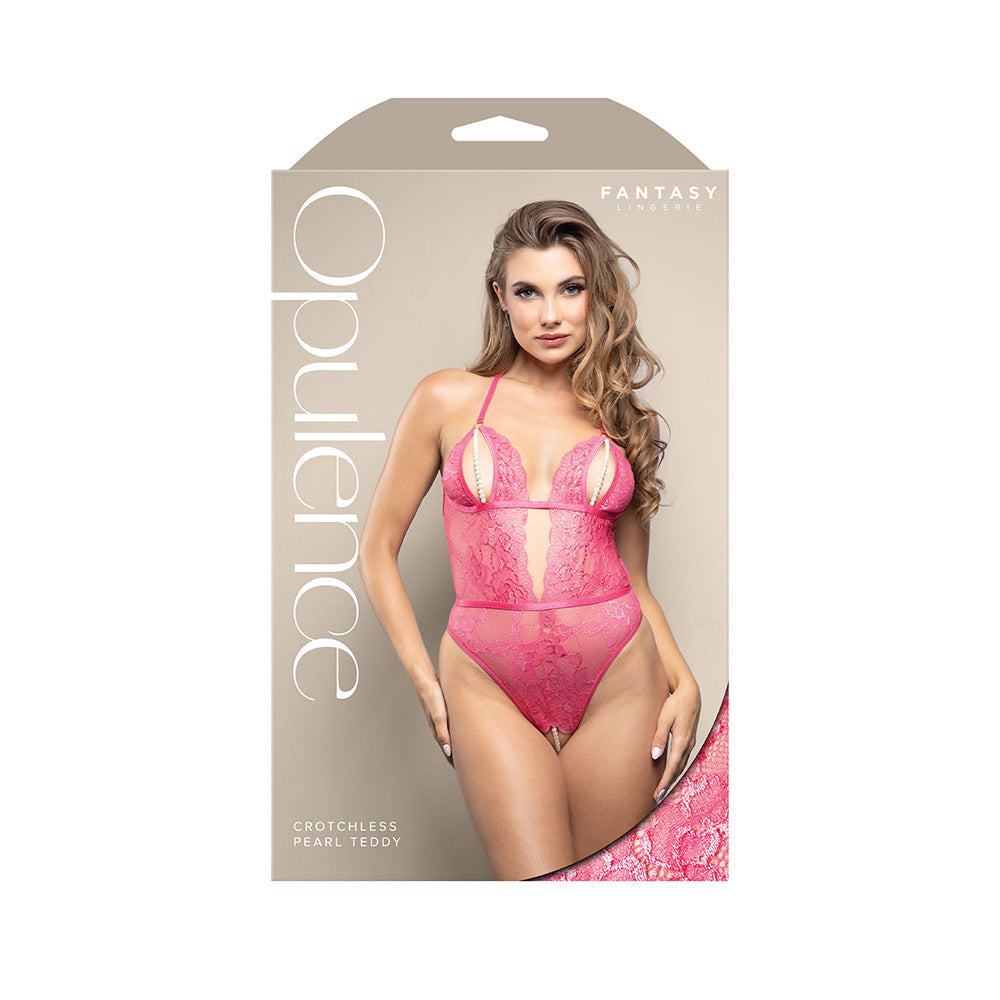 Opulence Split Pearl Cup Crotchless Teddy with Adjustable Pearl G-String (Hot Pink, S/M)