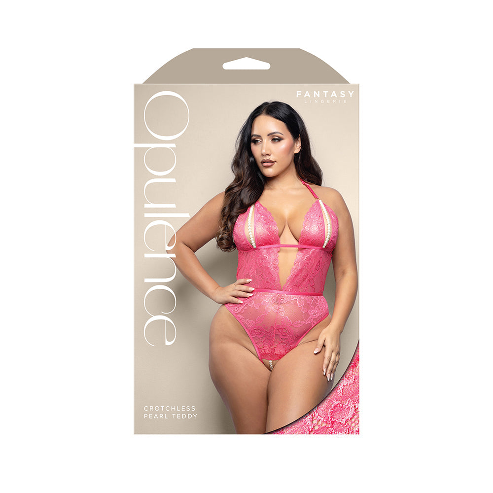Opulence Split Pearl Cup Crotchless Teddy with Adjustable Pearl G-String (Hot Pink, Queen)