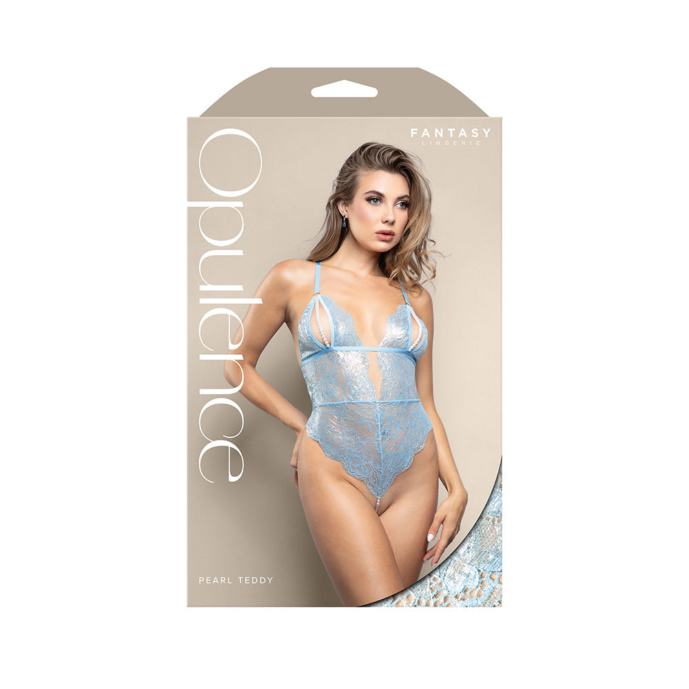 Opulence Split Pearl Cup Open-Back Teddy with Pearl String Crotch (Light Blue, S/M)