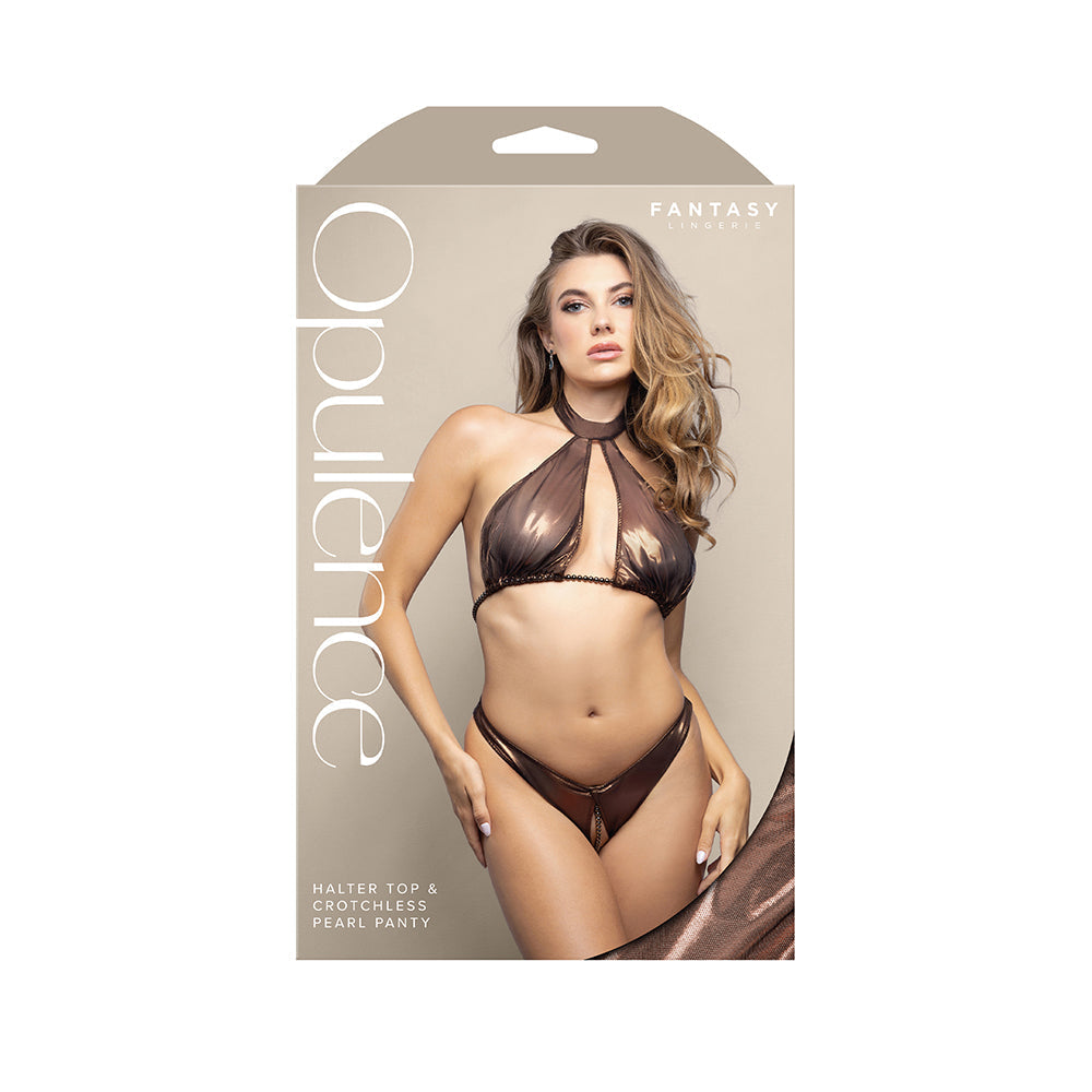 Opulence Pearl Underbust Halter Top & Adjustable Pearl String Open Panty (Chocolate, M/L)