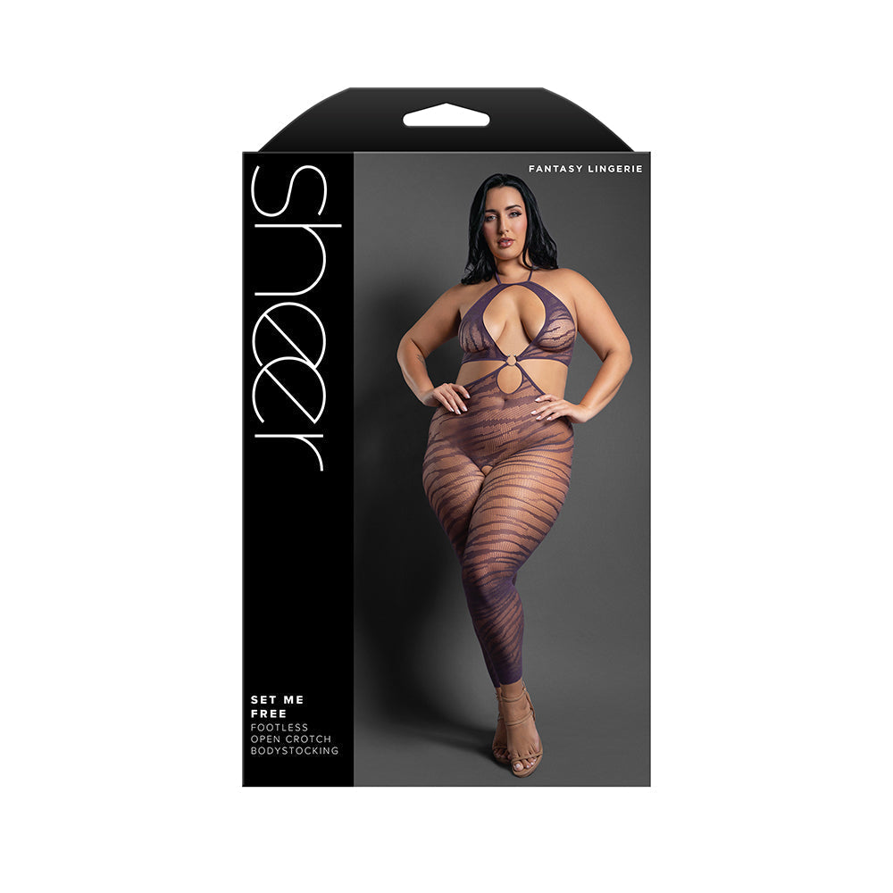 Sheer Open-Crotch Halter Bodystocking Footless (Dark Purple, Queen)